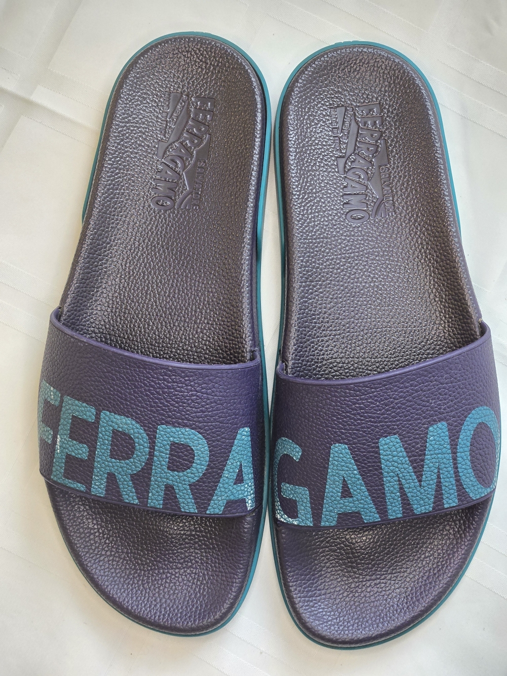 Salvatore Ferragamo Amos Logo Rubber Slide Sandals Purple Teal Men's Size 12